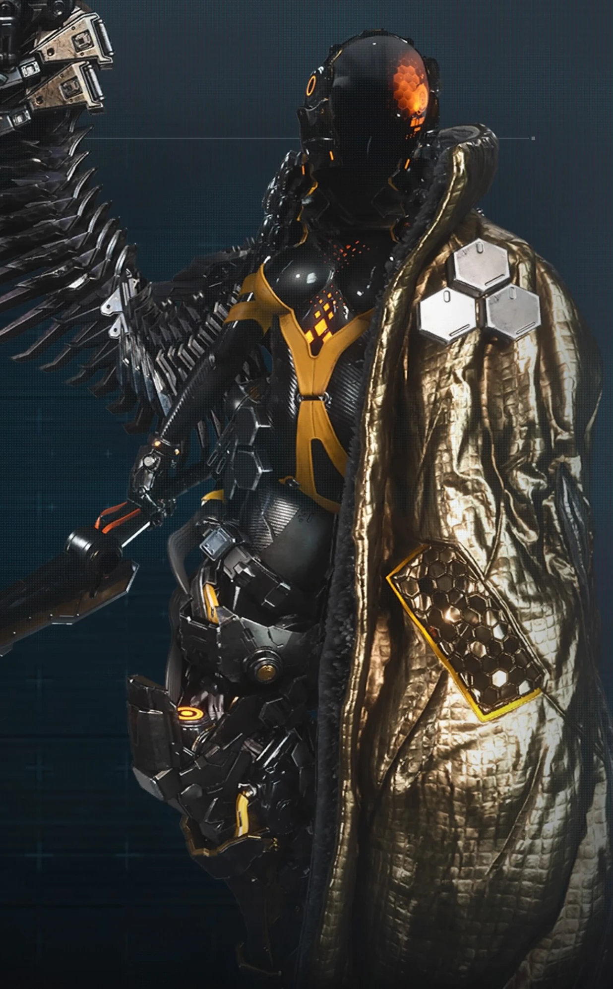 Tachy's corrupted Alpha Naytiba form — a black-and-gold armored figure with a skeletal mechanical wing, an orange-lit helmet visor, and a golden cape