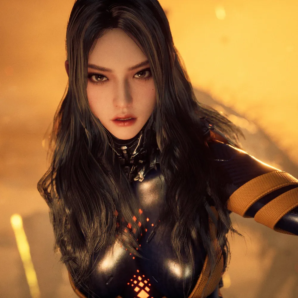 Tachy in her black-and-yellow bodysuit looking down toward the camera amid the firelit haze of the landing zone