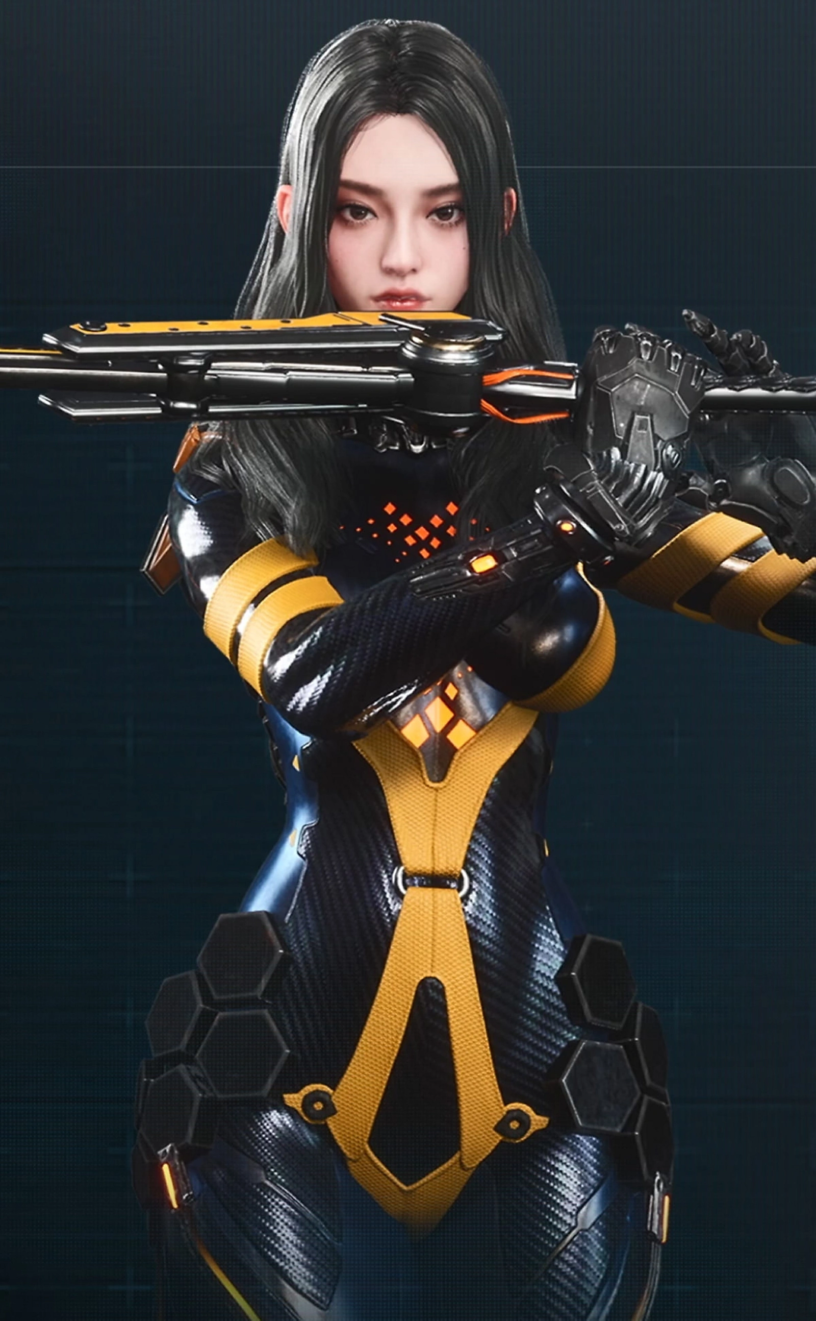 Tachy, a tall woman with long black hair in a black bodysuit with yellow accents, carrying a large single-edged blade
